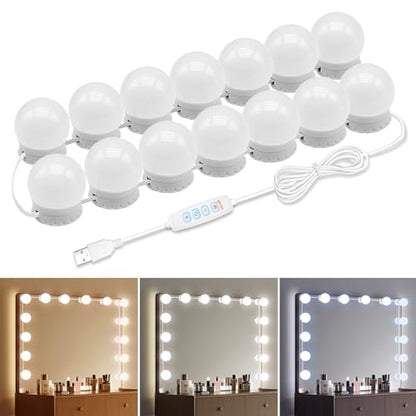 LED Vanity Mirror Lights with 14 Dimmable Bulbs, 3000K 4500K 6500K & 10 Brightness Levels Adjustable, Plug in USB Cable, Hollywood Style Stick On Mirror Lights for Makeup Desk Bathroom Dressing Room - size: 14 Bulbs