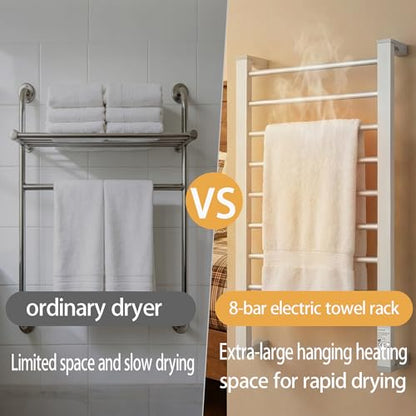 Heated Towel Rack with Timer, 8-Bar Electric Towel Warmer for Bathroom, Fast Heating Towel Dryer Freestanding or Wall Mount, Auto Shut-Off, Space-Saving Design