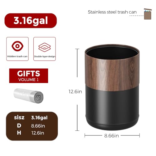 3.1Gal Modern Walnut Trash Can,Open-Top Bathroom Trash Bin | Double Layer;Metal Waste Bin;Built-In Bag Holder;for Bathroom,Home,Office,Living Room - color: 3.1gal round