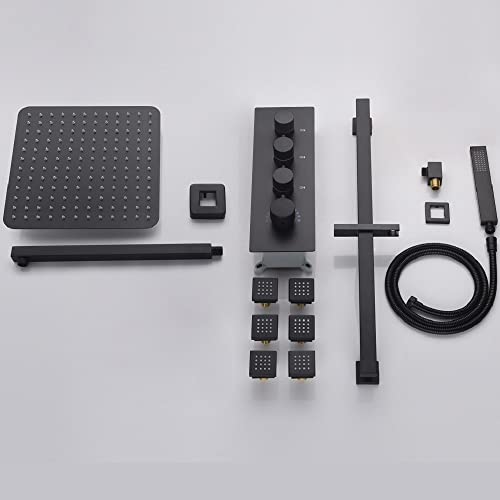 Cascada Luxury 12” Rainfall Shower set (Wall Mounted) with 4 knob thermostatic Valves & 3 functions (Rainfall, Body jets & Hand Shower) (Matt Black) - color: Matt Black