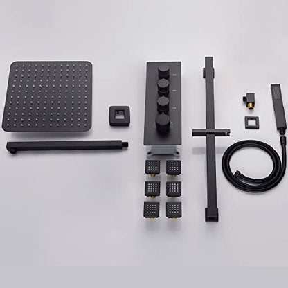 Cascada Luxury 12” Rainfall Shower set (Wall Mounted) with 4 knob thermostatic Valves & 3 functions (Rainfall, Body jets & Hand Shower) (Matt Black) - color: Matt Black