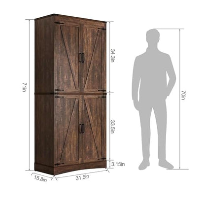 Hlivelood 71" Tall Kitchen Pantry,Farmhouse Storage Cabinet with Adjustable Shelves,Load-Bearing Steel Pipe,Farmhouse Pantry Cabinet with 4 Barn Doors, for Kitchen,Dining Room,Living Room(Brown) - color: Brown