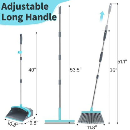 Broom with Dustpan Combo Set, Silicone Broom,Long Handle Broom with Upright Standing Dustpan, Squeegee - Broom for Indoor Cleaning 2+1,for Indoor Outdoor,Smooth Floors, Rugs