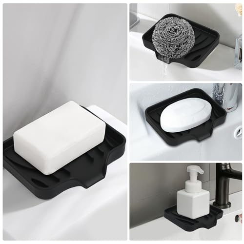 2 Pack Silicone Soap Dish with Drain, Bar Soap Holder for Shower,Bathroom and Kitchen Sink Organizer,Self Draining Waterfall Soap Tray (Black)