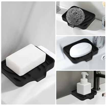 2 Pack Silicone Soap Dish with Drain, Bar Soap Holder for Shower,Bathroom and Kitchen Sink Organizer,Self Draining Waterfall Soap Tray (Black)