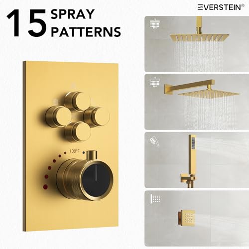 12" High-Pressure Rainfall Shower Faucet with Valve for Bathroom, Dual Rainfall Shower Head System with 6 Body Jets, Rough in-Valve (Brushed Gold) | High-Pressure, Dual 12" Rainfall Shower Head System, 6 Body Jets, Rough in-Valve - color: Brushed Gold