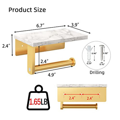 Gypie Toilet Paper Holder with Marble Shelf, Wall Mounted Gold | Stainless Steel Screw, Tissue Roll Paper Holder Dispenser for Bathroom Washroom - color: Gold