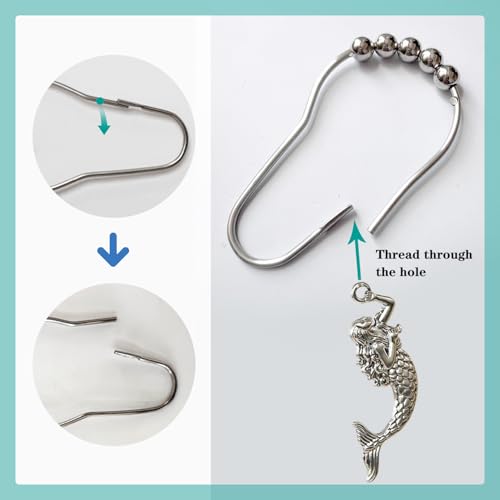 Mermaid Shower Curtain Hooks Decorative Rings for Bathroom Ocean Beach Cut Girl Bath Decor Stainless Steel Rustproof Shower Hanger Pack of 12 (Silver) - size: Mermaid