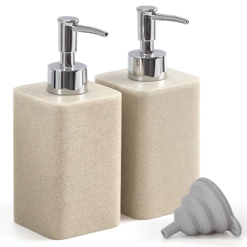 2 pcs Hand Soap Dispenser Set - 11oz Refillable Resin Liquid Soap Dispensers with Rustproof Pump, Lotion Dispenser Includes Silicone Funnel for Bathroom Countertop or Kitchen, Beige - color: Beige
