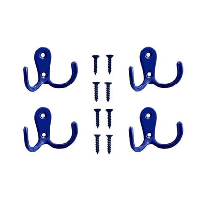 4 Pcs Double Prong Robe Hooks, Dual Coat Hooks Wall Mounted Hanging Clothes for Bathroom Bedroom Door Wall Retro Metal Cloth Hanger Double Coat Hooks with 8 Screws (Blue) - color: Blue