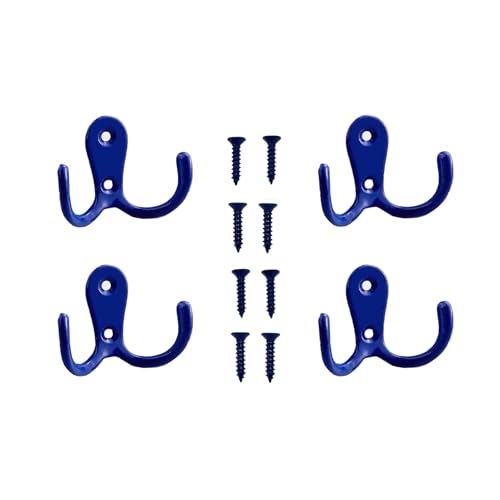 4 Pcs Double Prong Robe Hooks, Dual Coat Hooks Wall Mounted Hanging Clothes for Bathroom Bedroom Door Wall Retro Metal Cloth Hanger Double Coat Hooks with 8 Screws (Blue) - color: Blue