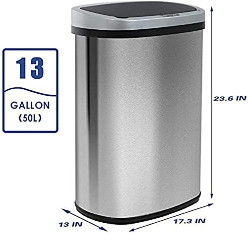 Kitchen Trash Can Brushed Stainless Steel Waste Bin 13 Gallon Automatic Garbage Can Touch Free High Capacity 50 Liter with lid for Bathroom Bedroom Home Office - color: Stainless Steel