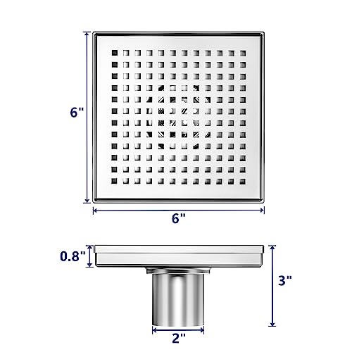 Neodrain 6 in Brushed Square Shower Drain with Quadrato Pattern Grate | 304 Stainless Steel Square Drain for bathroom, with Hair Strainer and Lifting Hook,Waterproof & Durable, CUPC Certified - color: Stainless, size: 6 IN