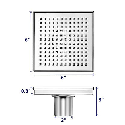 Neodrain 6 in Brushed Square Shower Drain with Quadrato Pattern Grate | 304 Stainless Steel Square Drain for bathroom, with Hair Strainer and Lifting Hook,Waterproof & Durable, CUPC Certified - color: Stainless, size: 6 IN