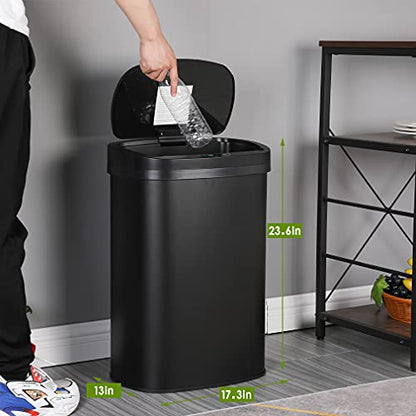 13 Gallon Stainless Steel Trash Can with Lid,Touch Free Automatic Kitchen Trash Can,Fingerprint-Resistant Soft Close Lid Garbage Can, 50L Large Capacity Garbage Can for Kitchen Home Office(Black) - color: Black