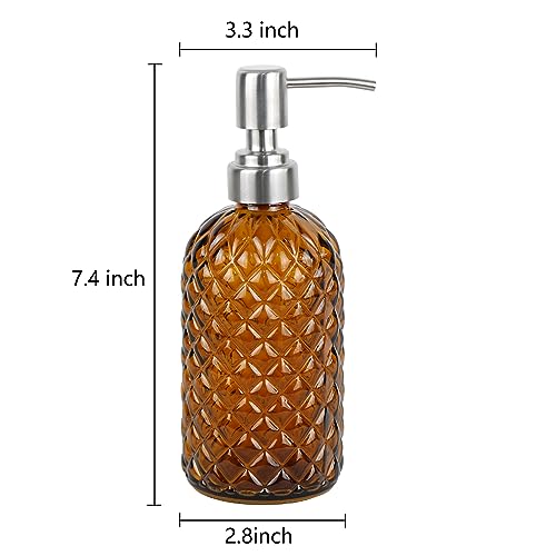 16 oz Diamond Pattern Glass Soap Dispenser, Kitchen and Bathroom Refillable Soap Dispenser with Rust Resistant Stainless Steel Pump for Hand Soap, Lotion Glass Liquid Dispenser(Amber-2pack) - color: Amber-2pack