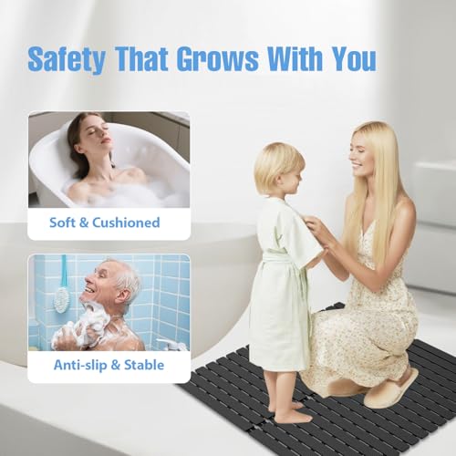 Shower Mat Non-Slip Bath Mat for Tub and Shower Stall,236 Suction Cups with Drain Holes, Quick Dry Machine Washable, Extra Grip for Stand Up Showers, Bathroom Essentials 24x24 Inch(Black) - color: Black