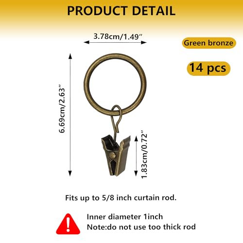 Curtain Rings with Hooks 14 Pack - Rustproof Metal Drapery Clips for Window, Shower, Door, 1.5" Inner Diameter, Smooth Gliding, Fits 5/8" to 3/4" Rods, Antique Bronze - color: Antique Bronze