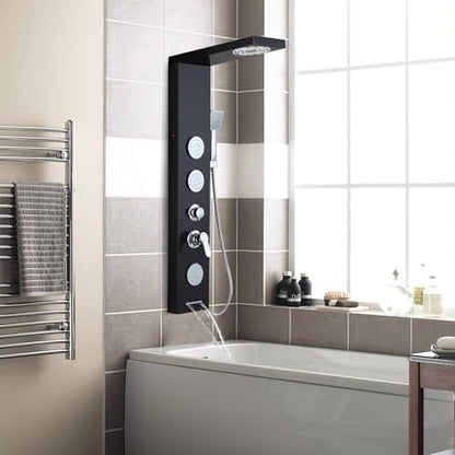 ROVOGO Shower Panel Tower System with Led Lights, 5 Shower Modes, 46.5 Inch | Rainfall Mist Shower Head, 3 Body Jets, Handheld, Waterfall Tub Spout, Stainless Steel Shower Column with Mixing Valve, Black - style: 46.5" Black