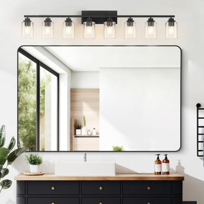 Matte Black Bathroom Vanity Light, 8-Light Modern Vanity Lighting Fixtures Over Mirror with Clear Glass Shade,Square Design,Wall Sconces for Living Room Cabinet Bedroom,E26 Socket - size: 8-Light