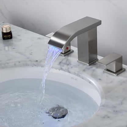 Bathroom faucets 3 Hole Widespread Brushed Nickel Bathroom Sink Faucet 8 inch LED Light Modern 3 Hole Vanity Faucet Bathroom with Pop Up Drain (Brushed Nickel) - color: Brushed Nickel