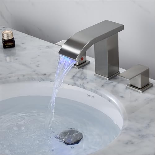 Bathroom faucets 3 Hole Widespread Brushed Nickel Bathroom Sink Faucet 8 inch LED Light Modern 3 Hole Vanity Faucet Bathroom with Pop Up Drain (Brushed Nickel) - color: Brushed Nickel
