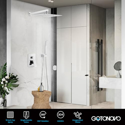 gotonovo Rainfall Bathroom Shower System Rain Shower Head and Handle Set Wall Mounted Shower Complete Combo Solid Brass Pressure Balancing Shower Mixer Valve 16 Inch Polished Chrome - color: Polished Chrome, size: 16 Inch