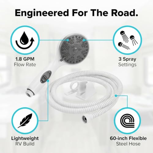 Dura Faucet DF-SA432K-WT RV Handheld Shower Wand Hose Kit (White) | Eco on/off switch pauses flow to save water in tight showers. Fits standard RV shower hoses. - color: White, size: Wand & Hose Kit