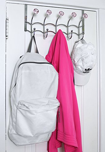 Over the Door Hooks Rack Pink Acrylic Hanger | Decorative, Girls Room, Stainless Steel Organizer, Purse Door Hanger Towel Rack (10 Hooks)