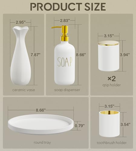 6Pcs White&Gold Bathroom Accessories Set with Tray, Bathroom Counter Sets | Perfect For Creating A Clean, Modern Bathroom Countertop In Apartments, Master Bathrooms, Guest Bathrooms And Airbnb Spaces. - color: White&gold