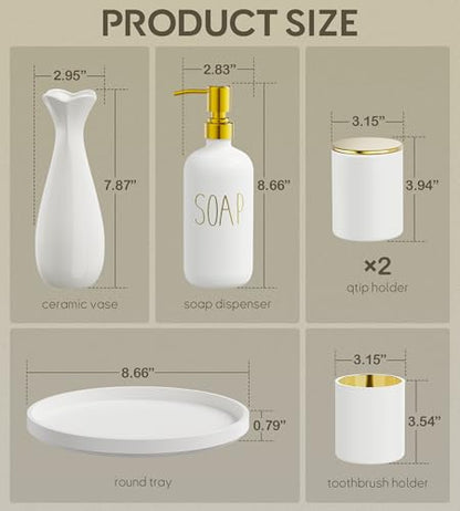 6Pcs White&Gold Bathroom Accessories Set with Tray, Bathroom Counter Sets | Perfect For Creating A Clean, Modern Bathroom Countertop In Apartments, Master Bathrooms, Guest Bathrooms And Airbnb Spaces. - color: White&gold