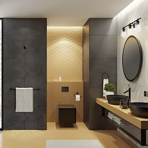 Globe Electric 65556 All-in-One 5-Piece Bathroom Set, Matte Black Finish, 3-Light Vanity with Clear Glass Shades, Towel Ring, Toilet Paper Holder, Robe Hook, and Towel Bar, Modern Bathroom Lighting - color: Matte Black, Clear Glass, 3-Light