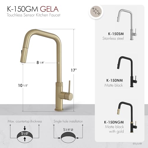 Stylish Touchless Kitchen Faucet with Pull Down Sprayer Single Lever Handle Dual Function Stainless Steel Kitchen Sink Faucet with Ceramic Cartridge and Aerator Brushed Gold Finish, K-150GM - color: Brushed Gold