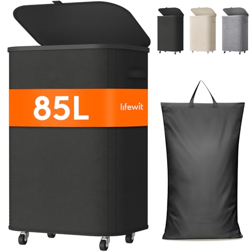 Lifewit 85L Plastic Laundry Basket with Lid, Large Clothes Hamper with Wheels and Removable Bag, Tall Collapsible Rolling Storage Bin for Dorm Bedroom Bathroom, Black - color: Black, size: 85L