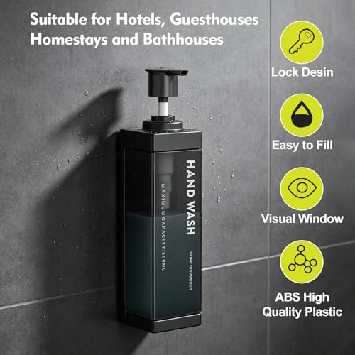 Wall Mounted Lockable Shampoo and Conditioner Dispenser | 17oz Large Pump Head No Drill Refillable ABS Plastic Bottle For Bathroom Shower Commercial Use Black 1 Pack - color: Black, size: 1