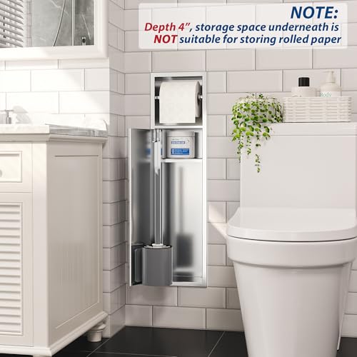 Qeke in Wall Toilet Brush Holder w/Cabinet, Brushed, 4" Depth | 304 Stainless Steel Rustproof Recessed Toilet Brush Holder, Tissue Paper Holder w/ Toilet Brush for Bathroom - color: Brushed Nickel