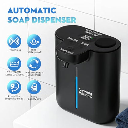 RYTOXILO Automatic Soap Dispenser Touchless, 9 Levels Soap Dispenser Wall Mount, 16.9oz/500ml Automatic Hand Soap Dispenser for Bathroom, Plastic Electric Dish Soap Dispensers for Kitchen, Black
