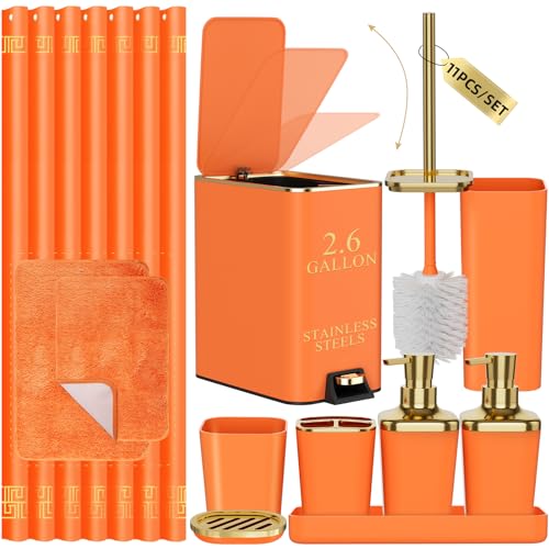 XLHOMO 11PCS Bathroom Sets with Shower Curtain and Rugs Bathroom Accessories Set Orange Bathroom Set,Soap Dispenser & Toilet Brush Holder Set with Stainless Steel Trash Can - size: Orange, style: Bath Set+Shower Curtain+Bath Rugs