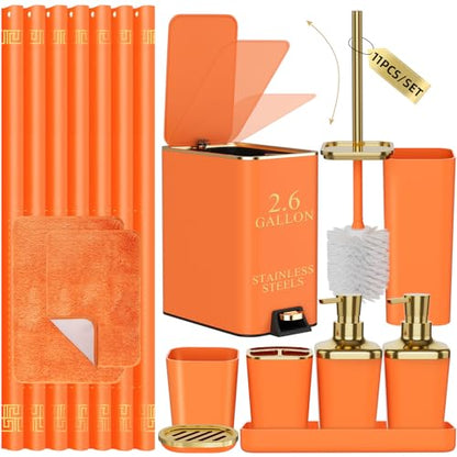 XLHOMO 11PCS Bathroom Sets with Shower Curtain and Rugs Bathroom Accessories Set Orange Bathroom Set,Soap Dispenser & Toilet Brush Holder Set with Stainless Steel Trash Can - size: Orange, style: Bath Set+Shower Curtain+Bath Rugs
