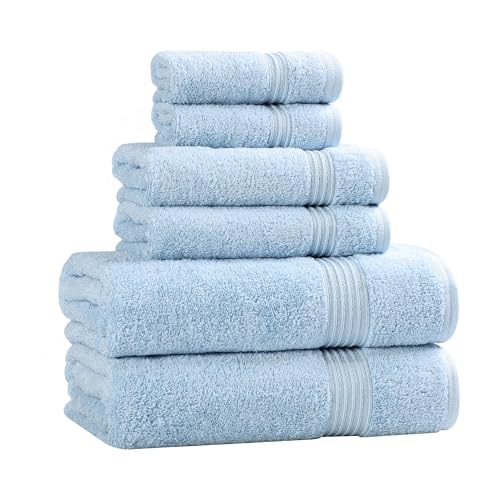 Superior Egyptian Cotton 6-Piece Towel Set, Bathroom Essentials, Towels For Bathroom, Apartment, Airbnb, Guest Bath, Face, Hand, Bath Towels, Washcloths, Absorbent, Fast Drying, Light Blue