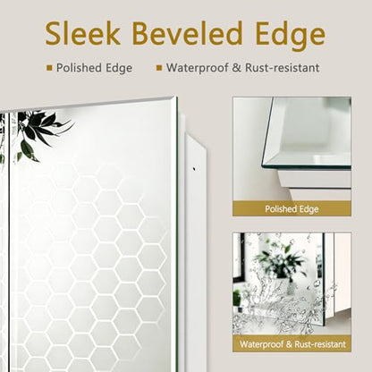 Bathroom Medicine Cabinet with 30x26 in Rectangular Beveled Frameless Mirror,Double Door Wall Mounted Mirror Cabinet for Bathroom Toilet Kitchen,Recess or Surface Mount - size: FMG-CM7005-3026