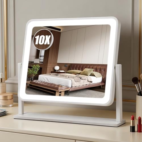 Rechargeable Vanity Mirror with Lights, 3000mAH Battery, 14"×12" LED Makeup Mirror, 10X Magnification, Smart Touch with 3-Color Lighting, 360° Rotation, Lighted Up for Makeup Desk, Bedroom (White) - color: White, size: 14"L x 12"W