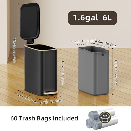 KSSKSS Small Bathroom Trash Can with Lid Soft Close, Step Pedal, 6L / 1.6 Gal Stainless Steel Garbage Bin with Removable Inner Bucket, Slim Wastebasket for Narrow Spaces (Black) - color: Black--P