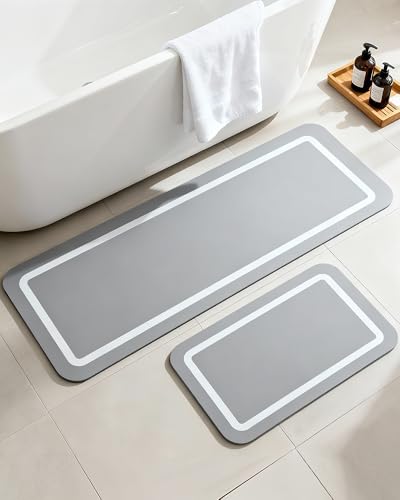 Soft Diatomaceous Earth Bath Mat, Quick Dry Bathroom Mats 2 Piece, Gray Super Absorbent Bath Mat Set, Washable Non Slip Bathroom Rugs, Stone Bath Mats Alternative, 15.74" x 23.62" Plus 15.74" x 47.2" - size: 15.74" x 23.62" Plus 15.74" x 47.2"