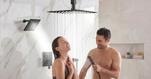 STARBATH Shower Faucet Set Shower System Matte Black, Push Button Diverter | 10 Inch Ceiling Mount Shower Head, 6 Inch Wall Mount Head, 2-in-1 Handheld Sprayer, Solid Brass Valve, Can Run All Together - color: Matte Black, size: 6+10 inch-01