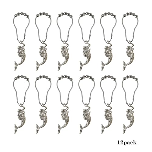 Mermaid Shower Curtain Hooks Decorative Rings for Bathroom Ocean Beach Cut Girl Bath Decor Stainless Steel Rustproof Shower Hanger Pack of 12 (Silver) - size: Mermaid