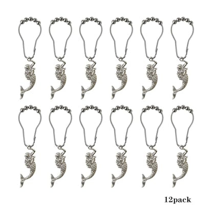 Mermaid Shower Curtain Hooks Decorative Rings for Bathroom Ocean Beach Cut Girl Bath Decor Stainless Steel Rustproof Shower Hanger Pack of 12 (Silver) - size: Mermaid