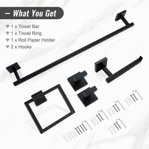 YACVCL Black Towel Bar Set 5-Piece Bathroom Hardware Accessories Set,SUS304 Stainless Steel Towel Rack Set,23.6 Inch Towel Bar,Toilet Paper Holder,Towel Ring and Towel Hooks,Wall Mounted - color: Matte Black, size: 5 Pieces