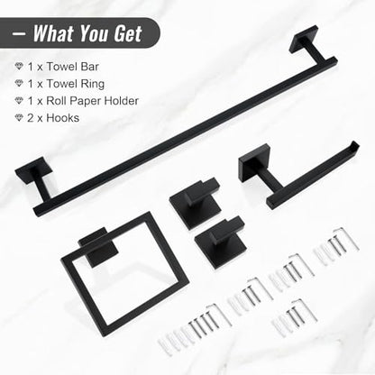 YACVCL Black Towel Bar Set 5-Piece Bathroom Hardware Accessories Set,SUS304 Stainless Steel Towel Rack Set,23.6 Inch Towel Bar,Toilet Paper Holder,Towel Ring and Towel Hooks,Wall Mounted - color: Matte Black, size: 5 Pieces