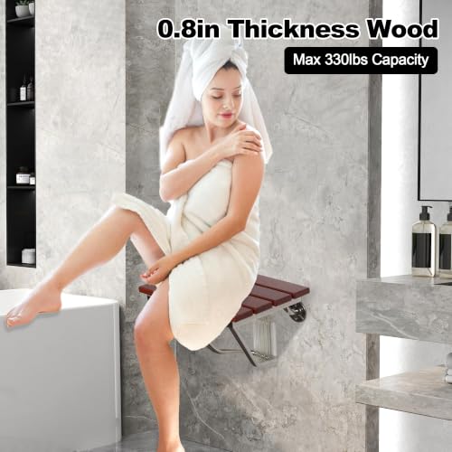 Folding Shower Seat Wall Mounted, Teak Wood, 15'' Foldable Shower Chair | 350lbs Capacity, Folding Shower Bench,Bathroom Stool, For Seniors Adults Disabled, For Indoor Shower Small Spaces